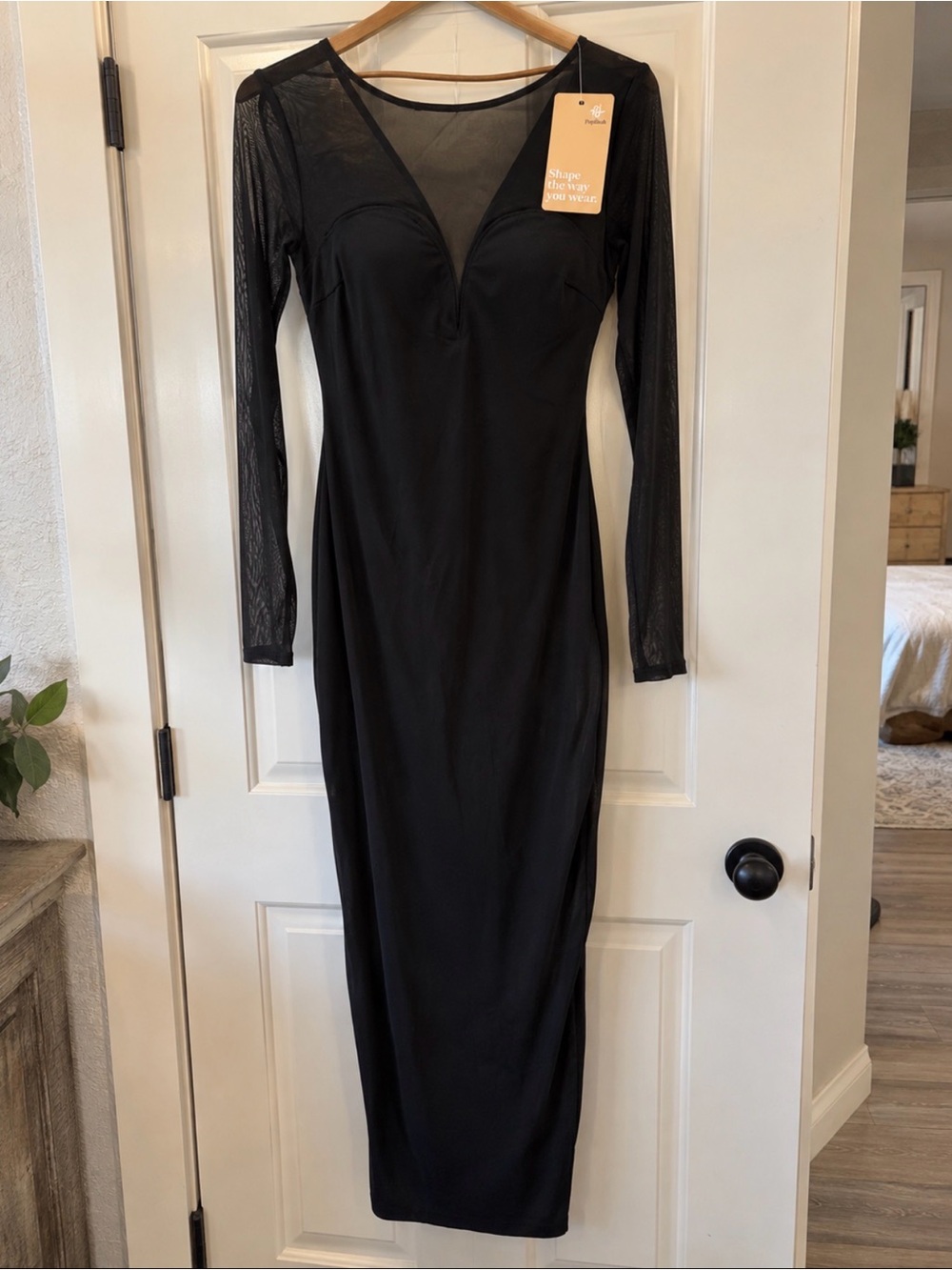 NWT Popilush Black Maxi Dress Size M Sheer Mesh Long Sleeve Shapewear